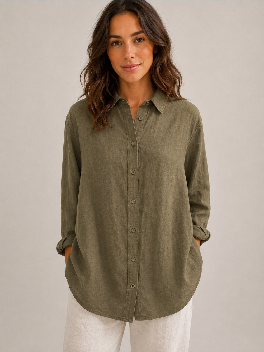 Army Green Linen Blend Button Up Shirt XL Relaxed Oversized